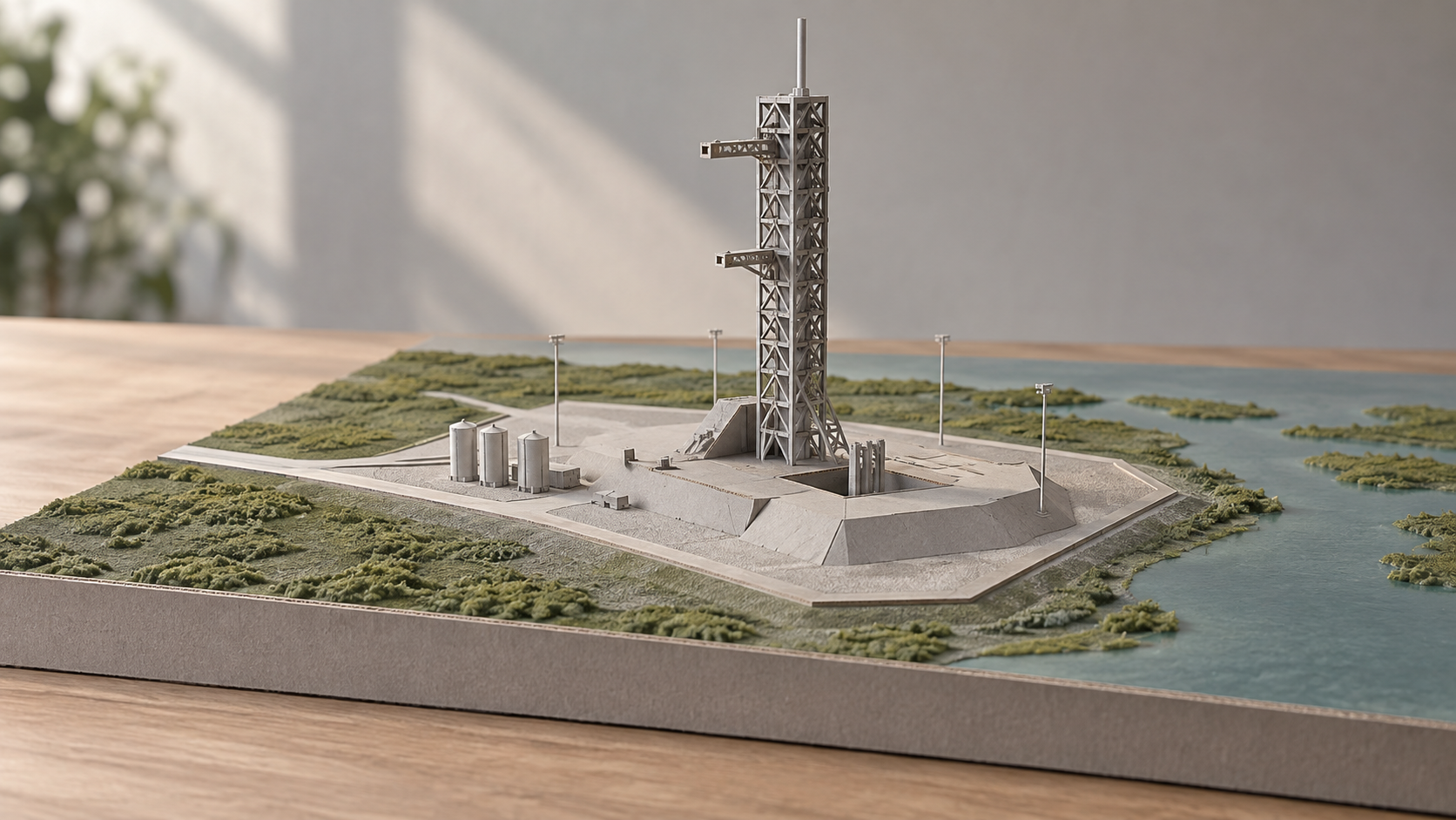 Maqueta conceptual sobre una mesa de una plataforma de lanzamiento aún no construida junto a una marisma costera estilizada.