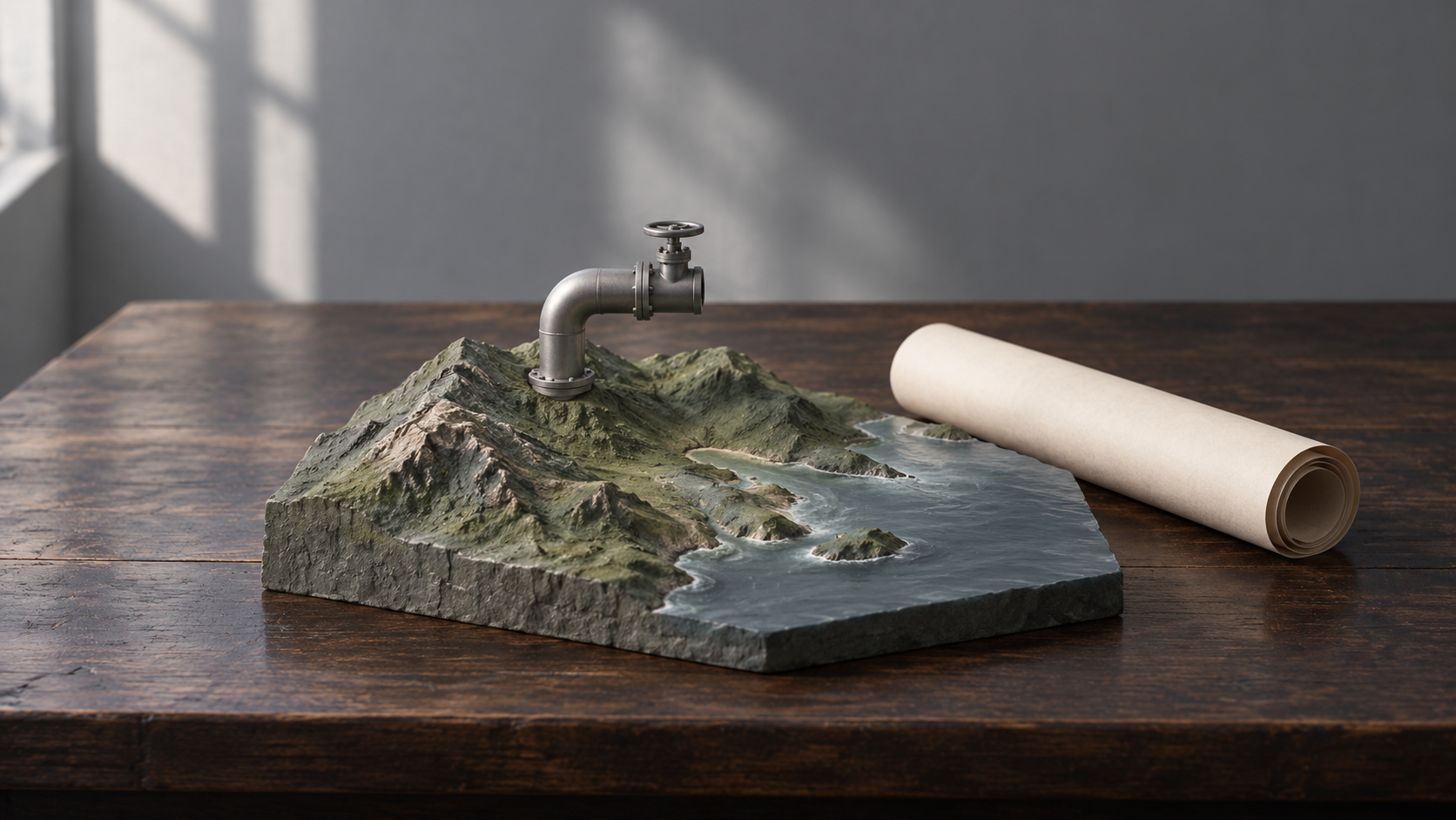 Válvula de oleoducto sobre una maqueta costera junto a un rollo de papel sin texto en una mesa de planificación.