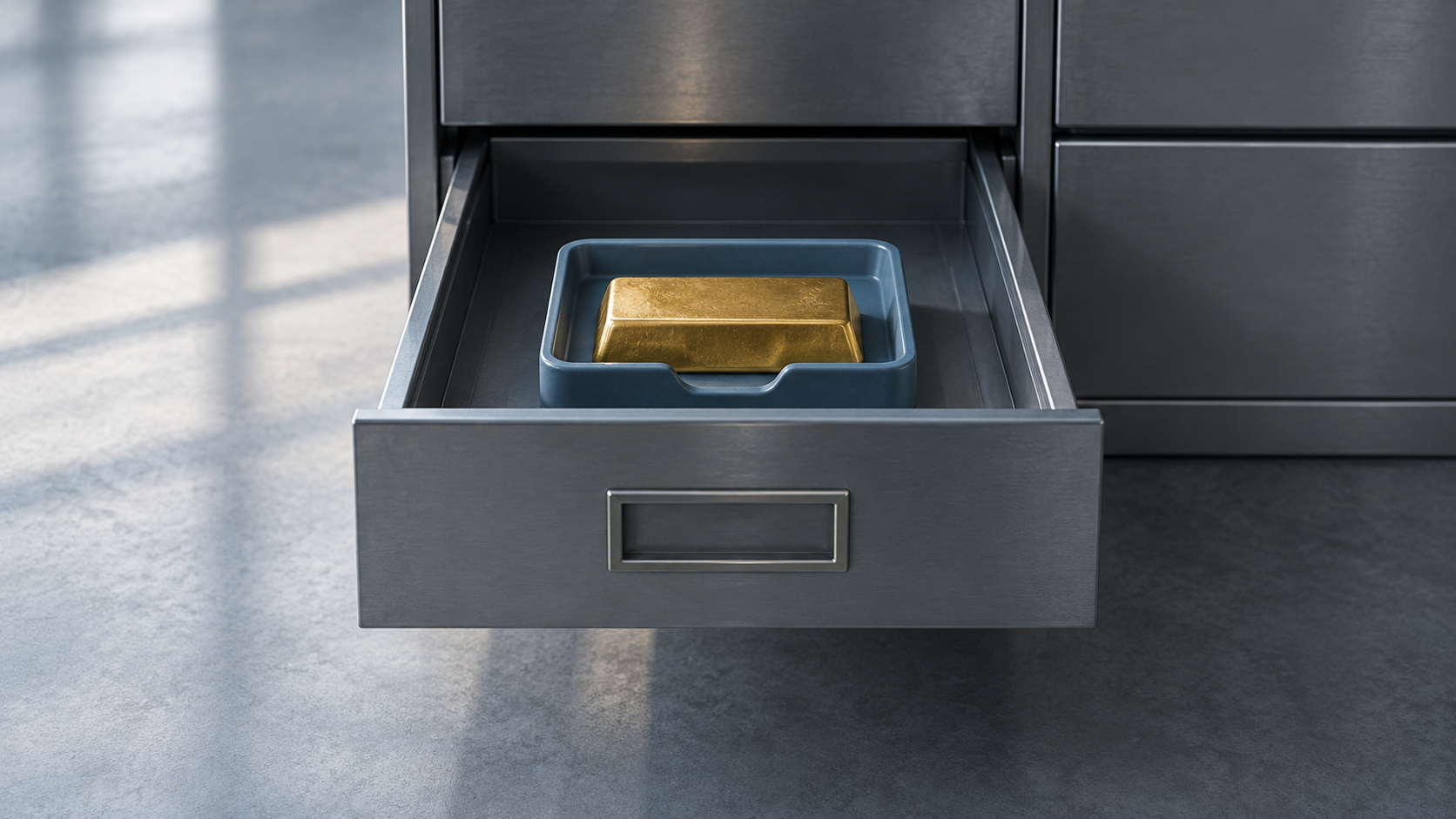 Conceptual still life of an unmarked gold bar in a blue ceramic cradle within a steel drawer.