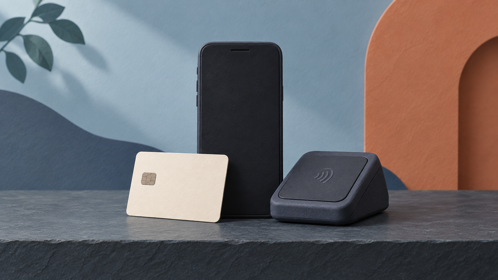 Illustration of a blank smartphone, bank card and contactless payment terminal on a counter.