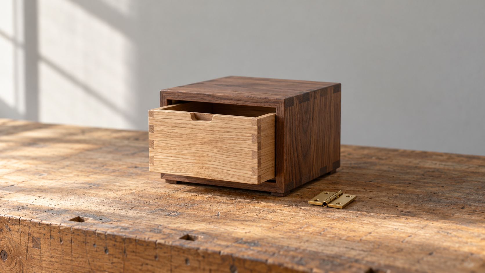 木工工作台上，一个浅色橡木抽屉装入胡桃木柜盒，旁边放着黄铜铰链。