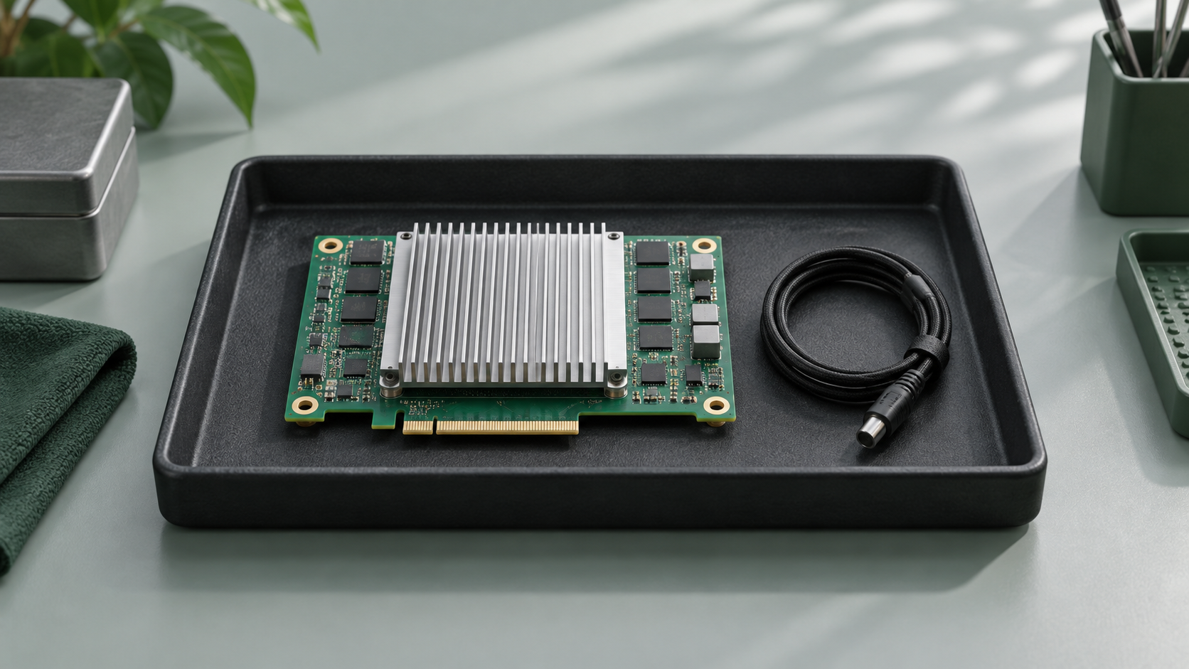 Conceptual illustration of an unbranded circuit board and heatsink in a laboratory tray with a coiled test lead.