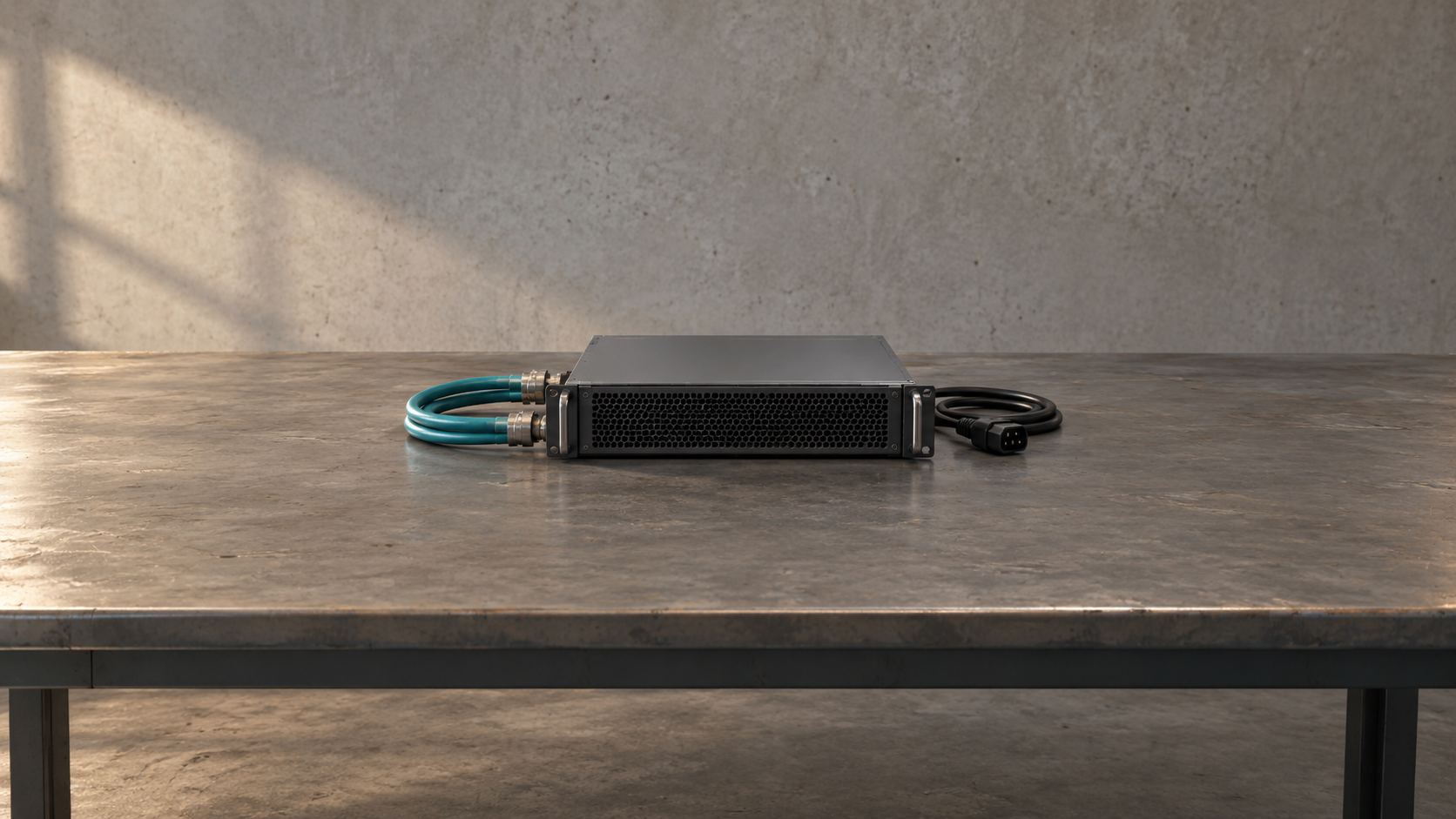 Conceptual still life of an unbranded server chassis with teal coolant hoses and a black power cable on a commissioning bench.