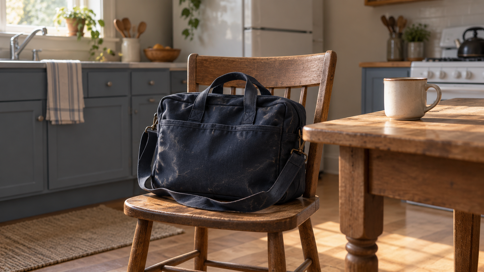 An AI illustration of a worn work bag on a wooden chair beside a kitchen table and plain mug.