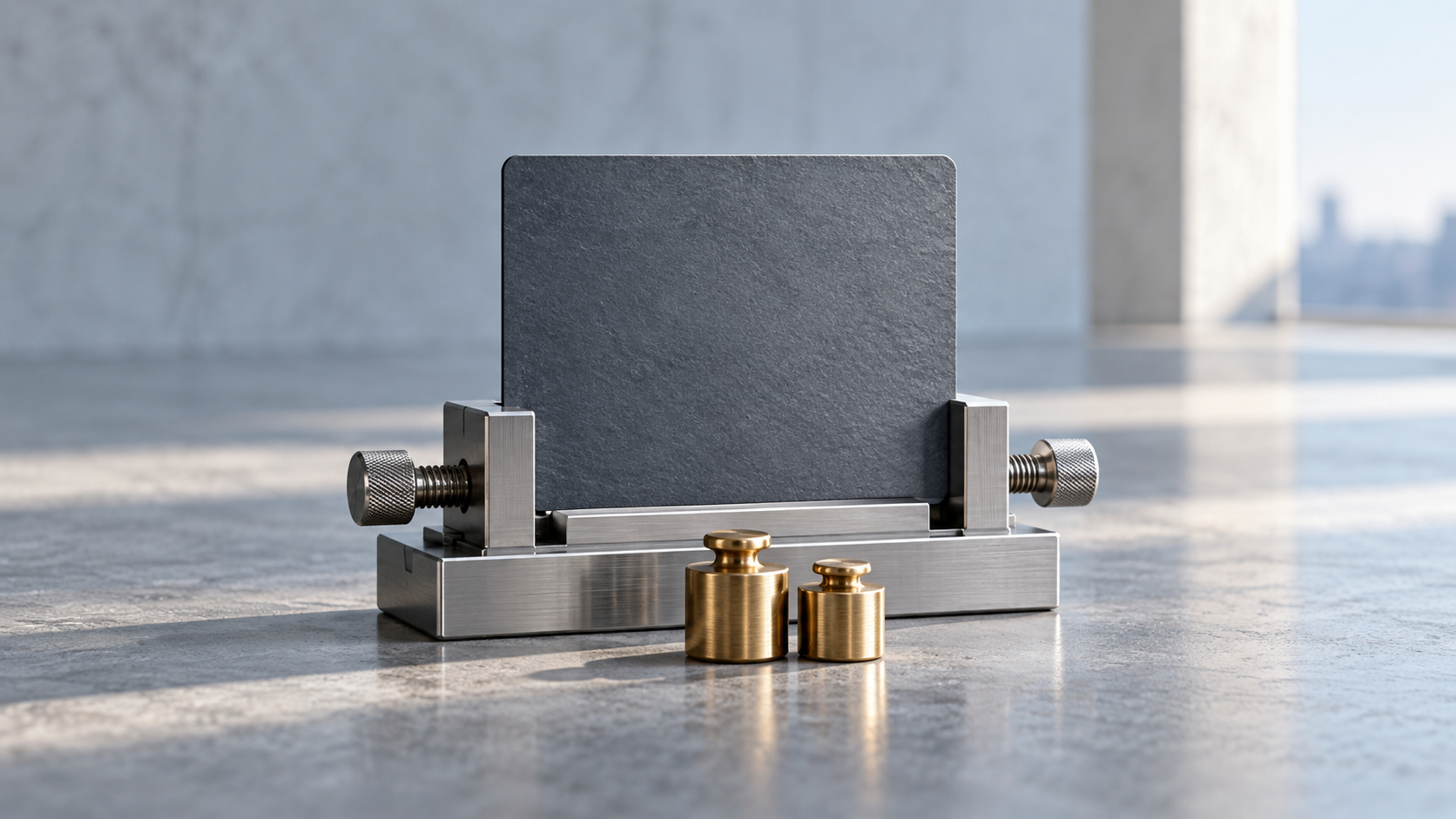 Conceptual illustration of an unmarked slate card in a steel clamp with two brass calibration weights, suggesting collateral valuation.