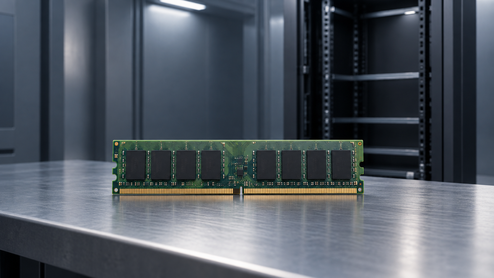 Conceptual illustration of a memory module on a workbench before an empty server rack, representing upfront cloud-capacity investment.