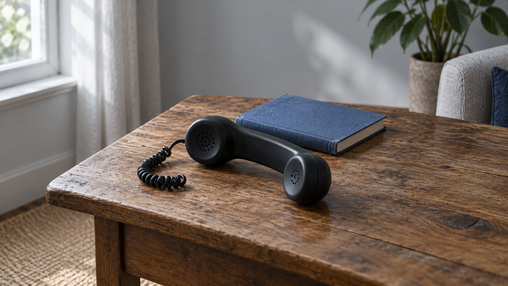 Auricular telefónico negro y libro cerrado con cubierta de lino azul sobre una mesa de madera en una vivienda tranquila.