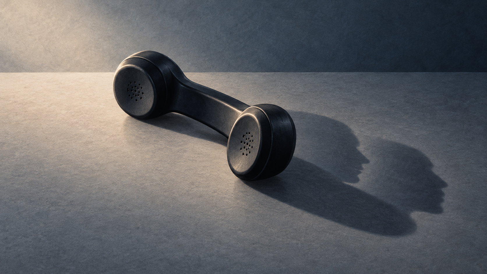 Conceptual AI illustration of an unbranded telephone handset casting overlapping shadows on a plain desk.
