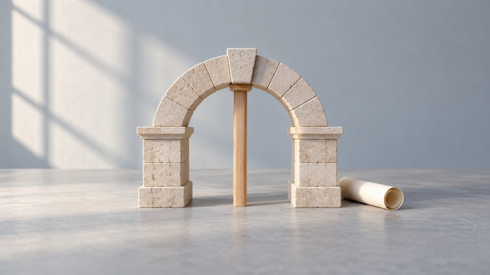 Miniature limestone arch with a wooden maintenance support and blank rolled paper on an architect’s workbench.