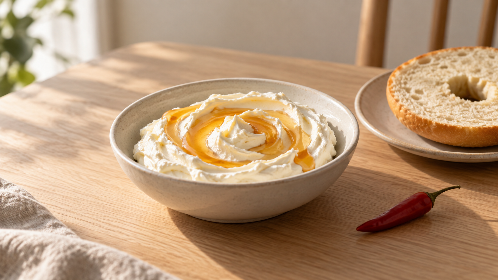 Cream cheese with honey in a ceramic bowl, with a bagel and red chili on a kitchen table.