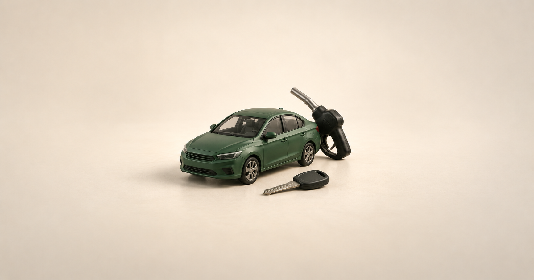Un automóvil verde sin marca con una llave y una boquilla de combustible sobre una mesa marfil, ilustrando costes de compra y uso.