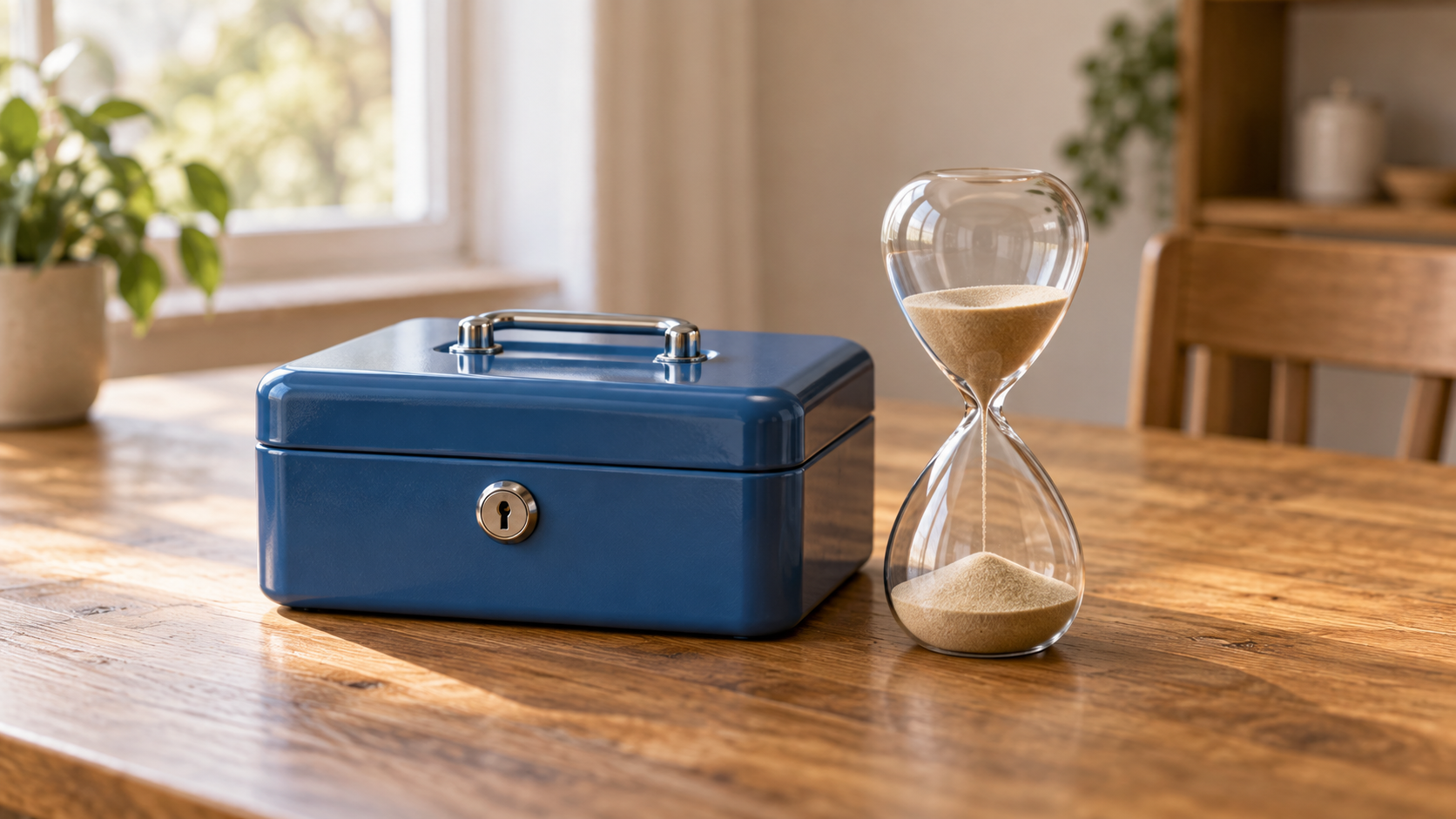 Blue metal lockbox and glass hourglass on a wooden household table.