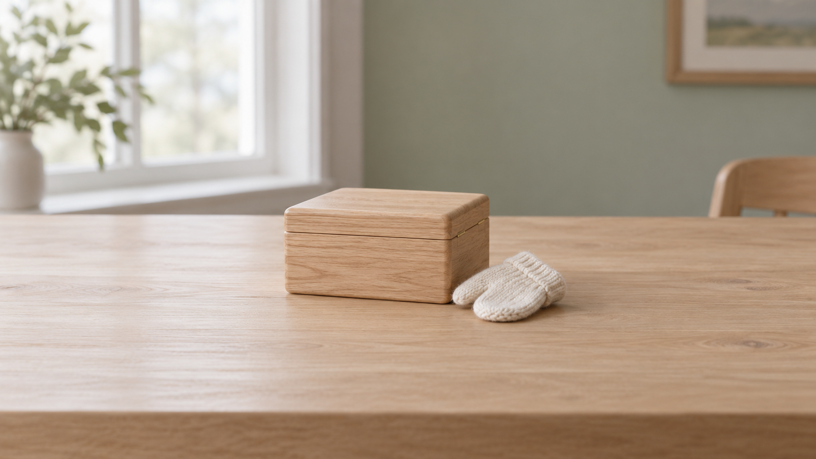 Una caja cerrada de roble claro junto a pequeños mitones de punto marfil en un escritorio familiar tranquilo.