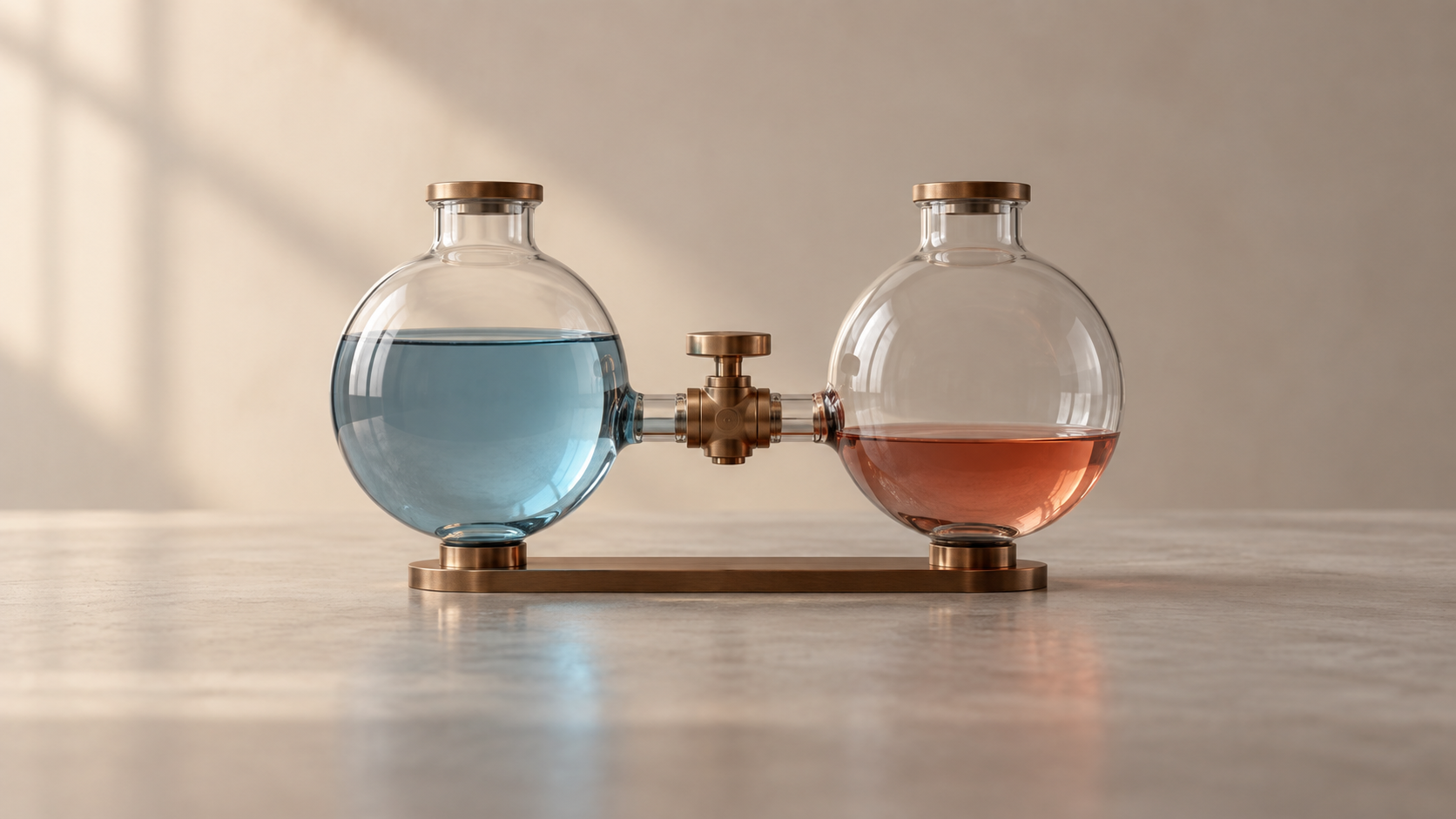 Depósitos de vidrio conceptuales con líquidos de colores a niveles distintos conectados por una válvula estrecha de cobre.