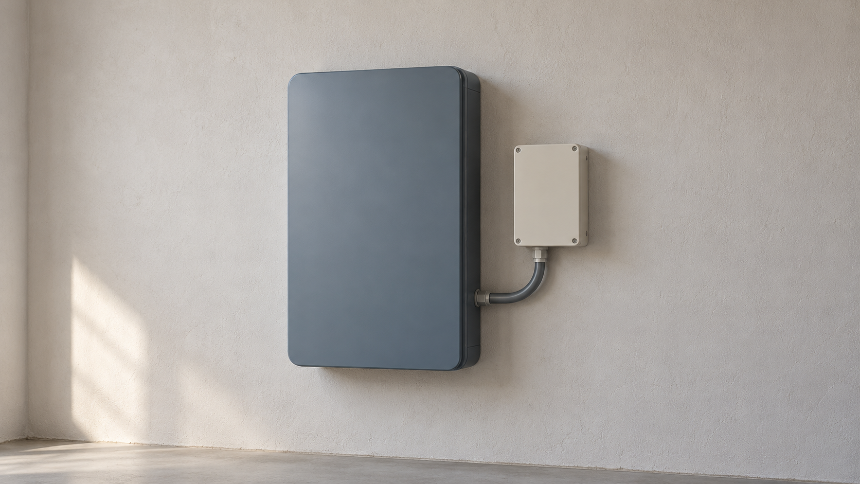 Conceptual utility-room still life of an unbranded wall-mounted home battery connected by a short conduit to a plain closed electrical enclosure.
