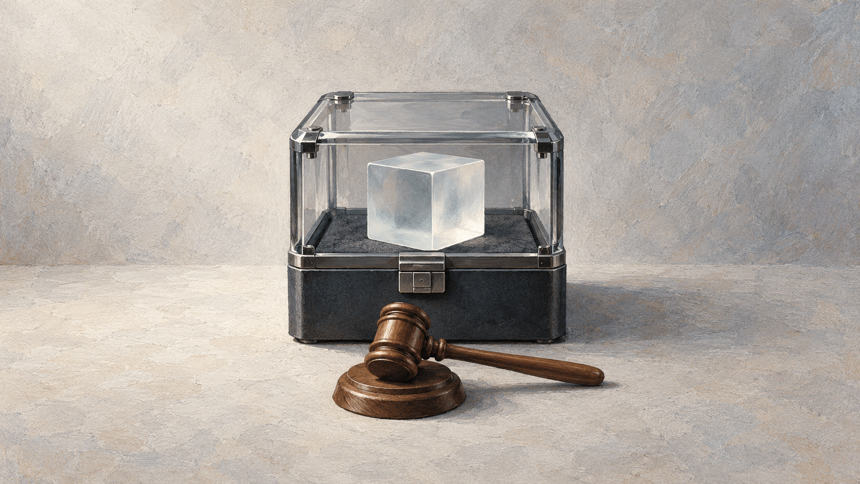 Illustrated custody case enclosing a frosted glass cube, with a wooden gavel in front.