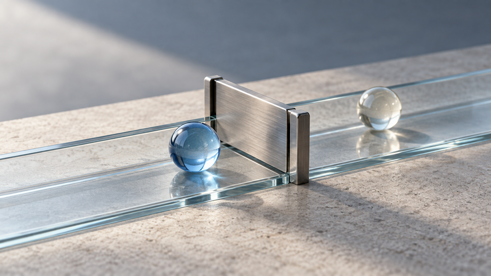 Conceptual glass channel divided by a steel gate, with a blue bead before it and a pale bead beyond it.