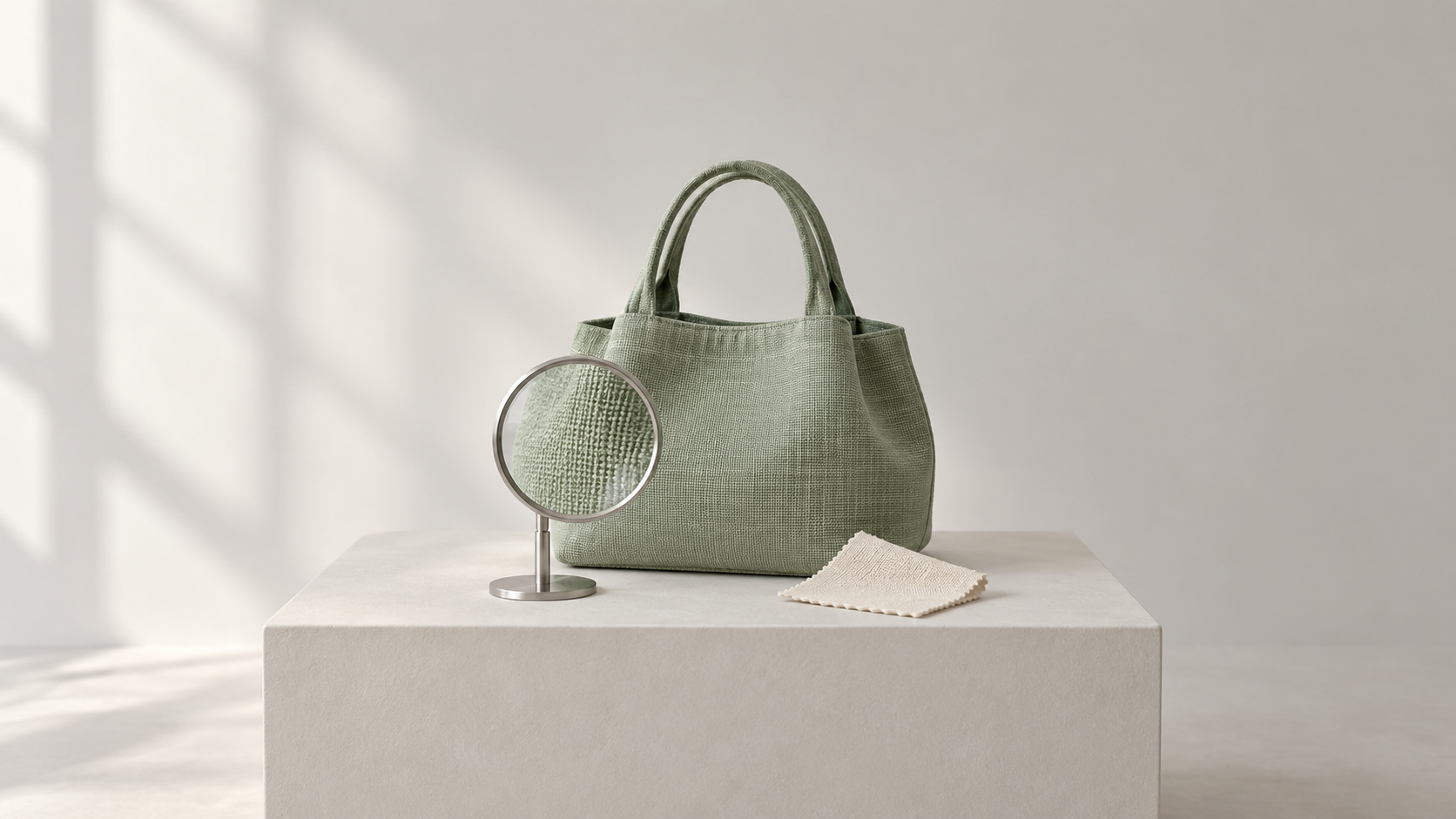 Sage linen handbag with a magnifying lens and cream swatch on a pale plinth, illustrating visual product discovery.