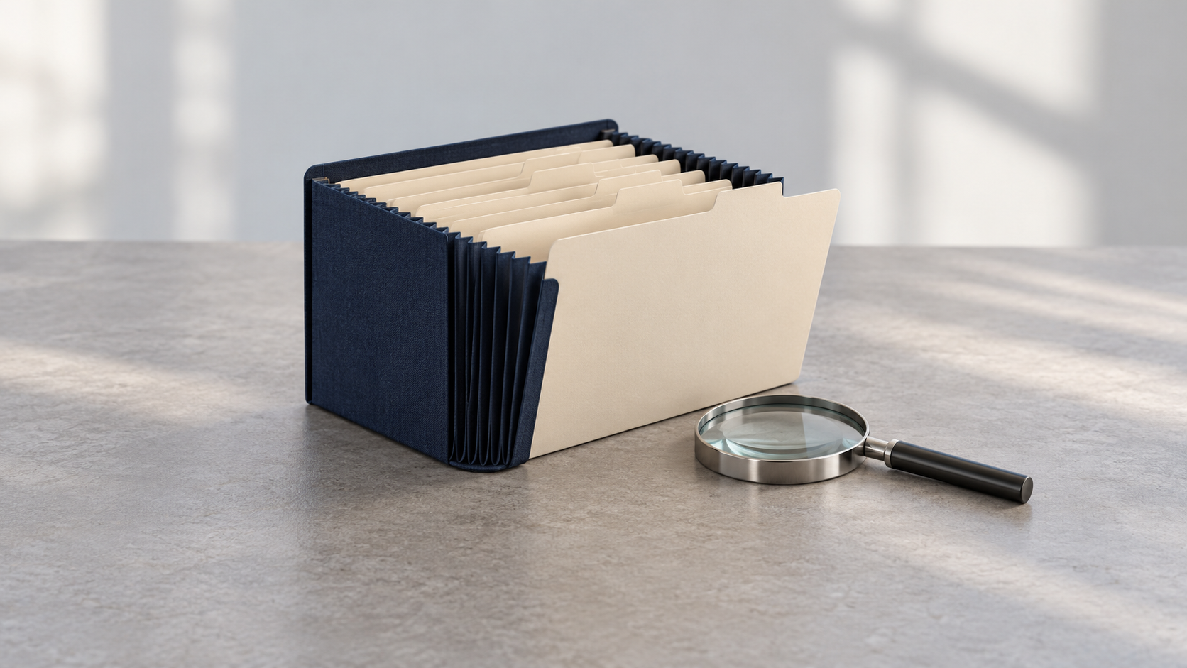 Conceptual still life of a navy accordion file with blank cream folders beside a steel-rimmed magnifying glass.
