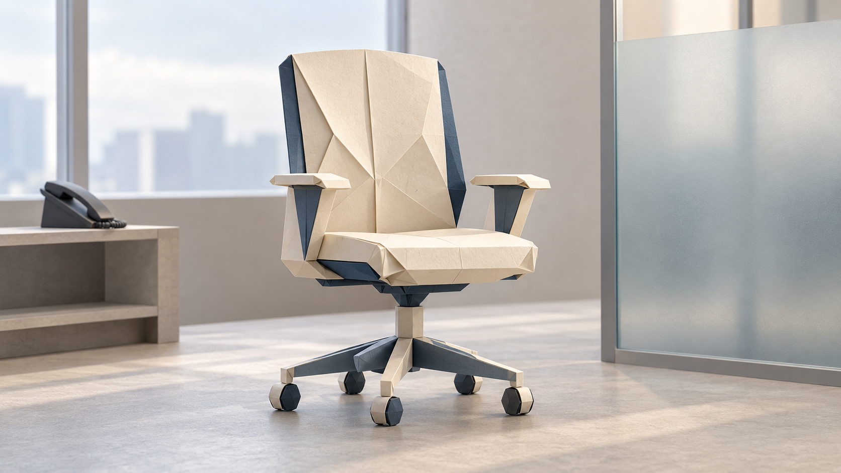 Silla de oficina conceptual de papel plegado en un interior tranquilo, como ilustración de una reconstrucción organizativa.