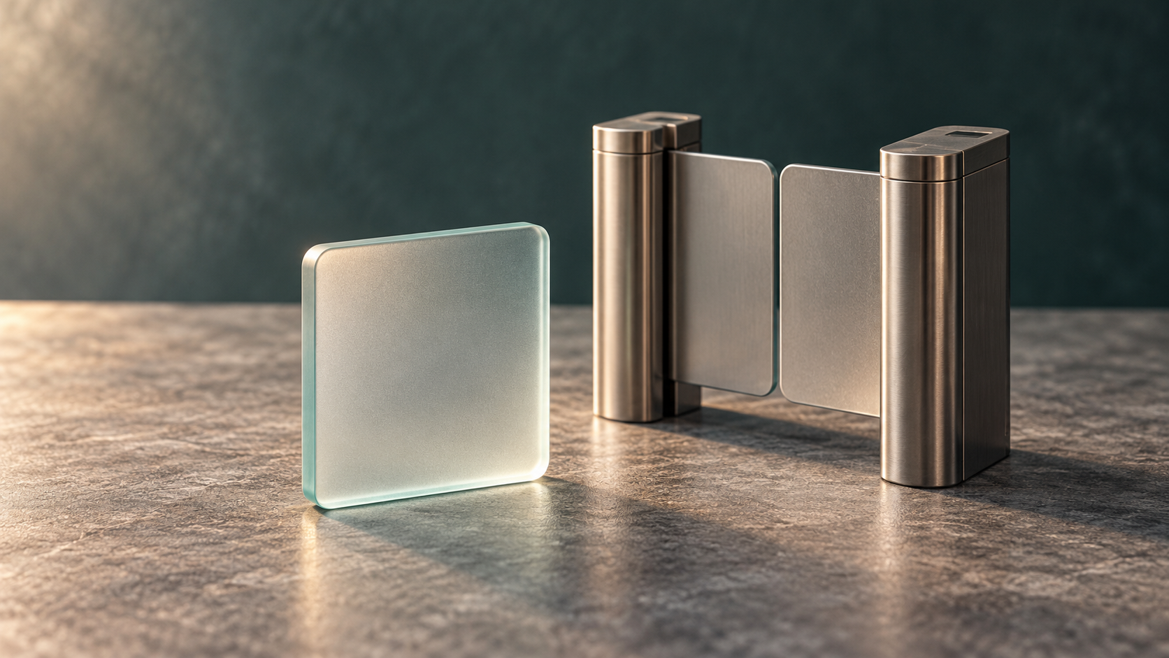 Conceptual glass tile beside a closed miniature metal admission gate on a stone surface.