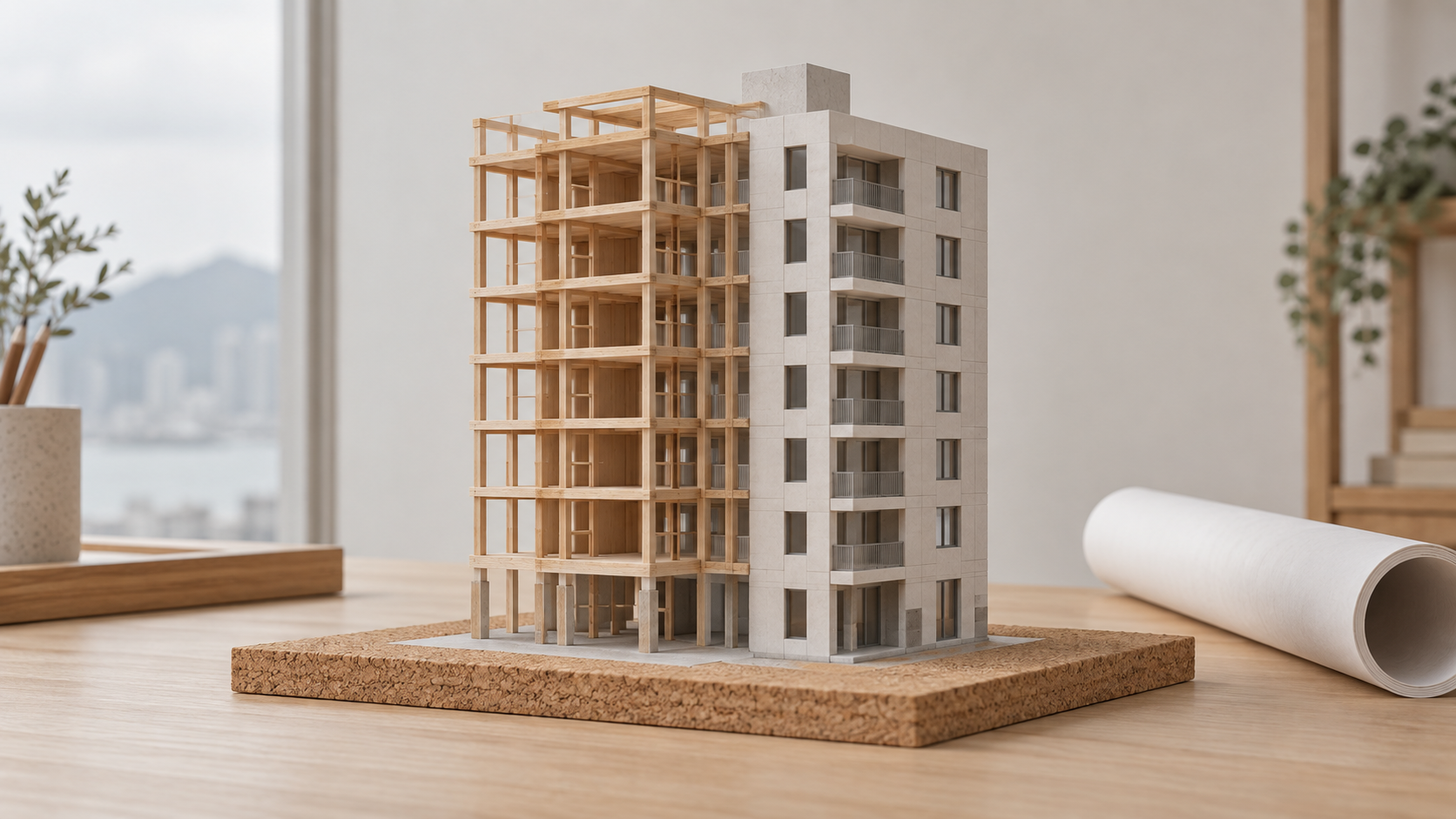 Maqueta arquitectónica con estructura de madera vista y fachada clara terminada sobre una base de corcho.