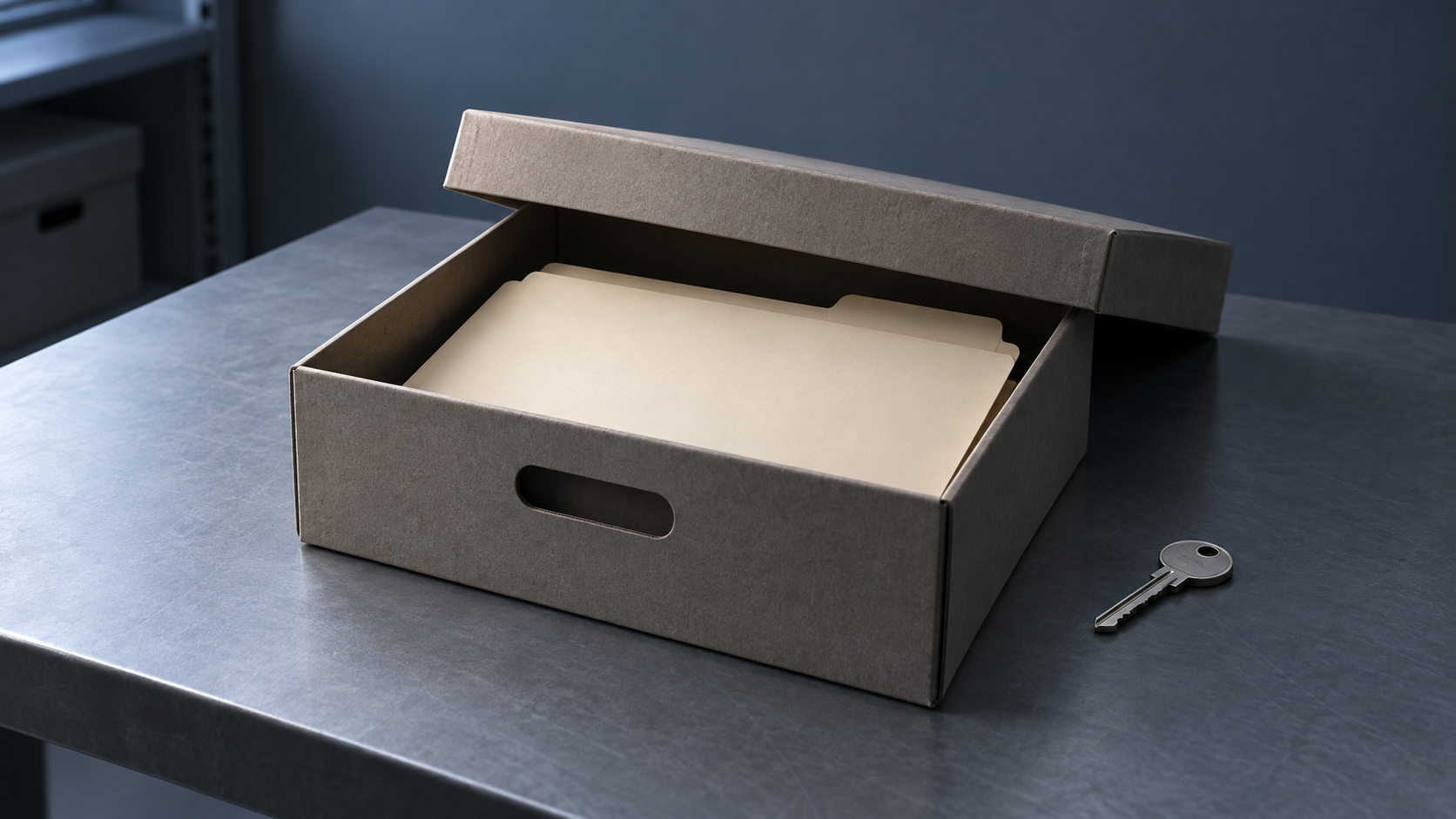 Una caja de archivo abierta contiene una carpeta sin texto junto a una llave metálica.