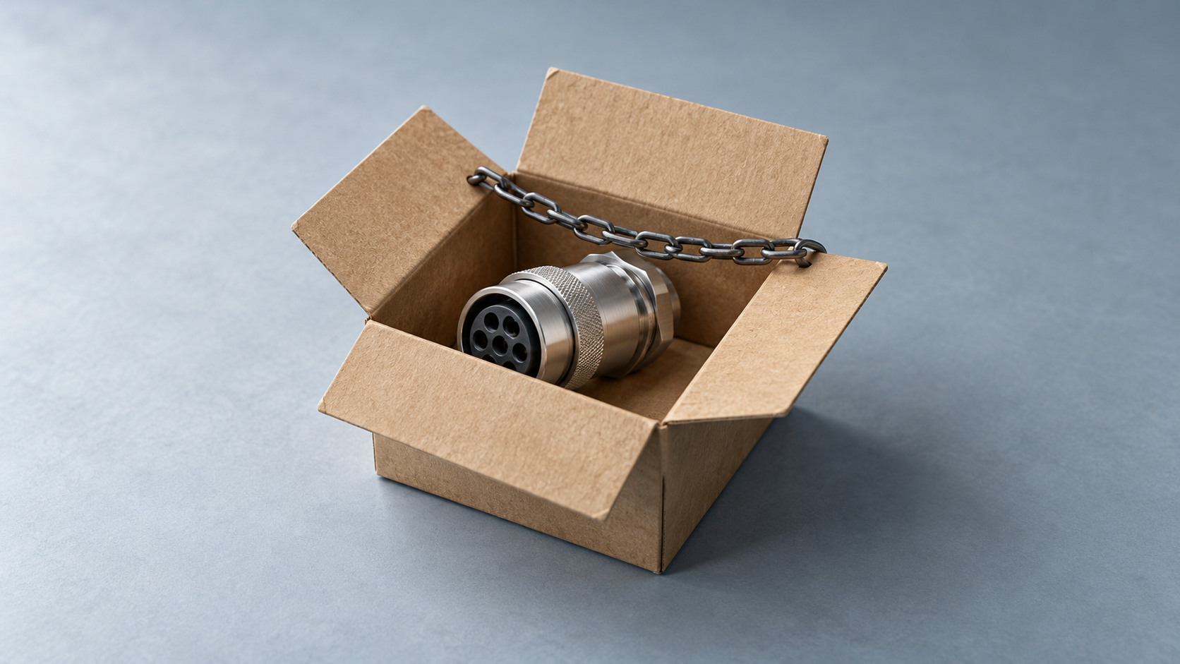 Un conector metálico sin marca en una caja cruzada por una cadena corta, como ilustración conceptual de restricciones por propiedad del proveedor.