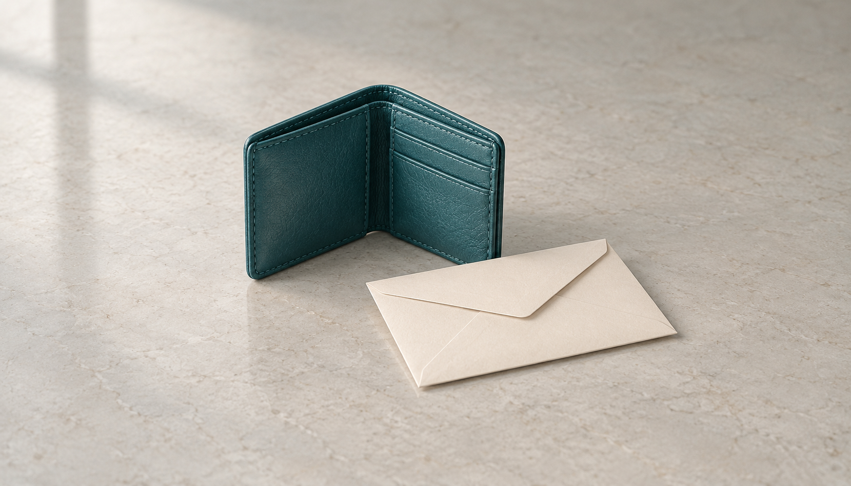 Una cartera verde azulada vacía y un sobre crema sin marcas sobre una mesa clara.
