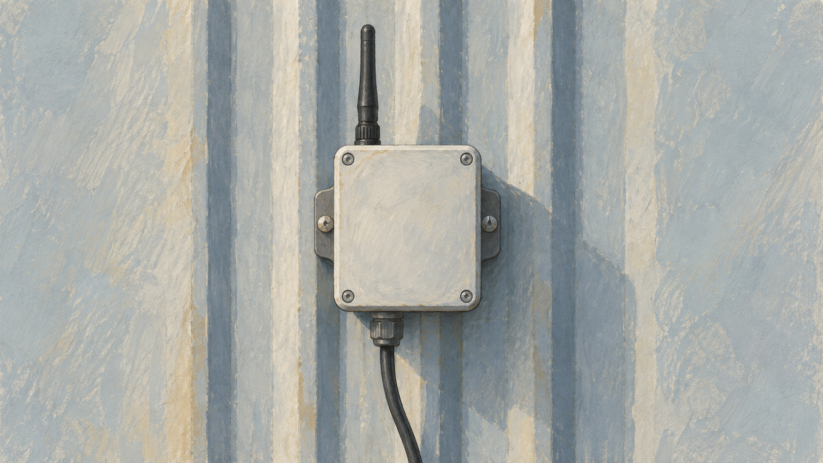 Painted conceptual study of a plain industrial sensor gateway with antenna and cable on a corrugated wall.
