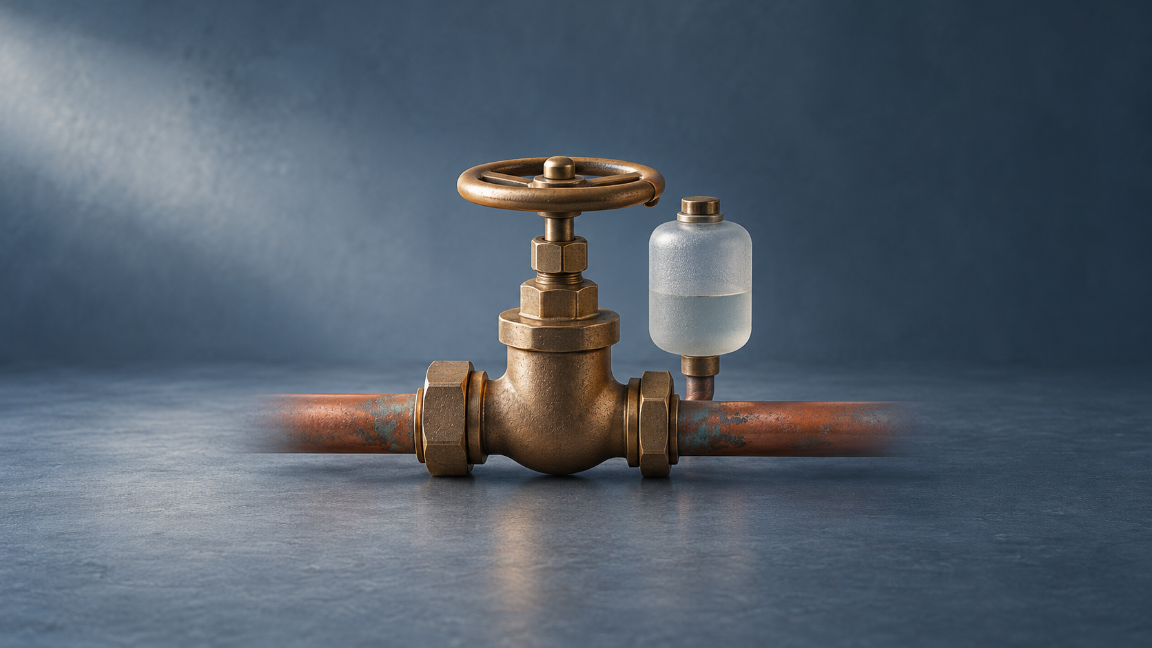 Conceptual bronze valve on a copper pipe beside a small frosted-glass reservoir.