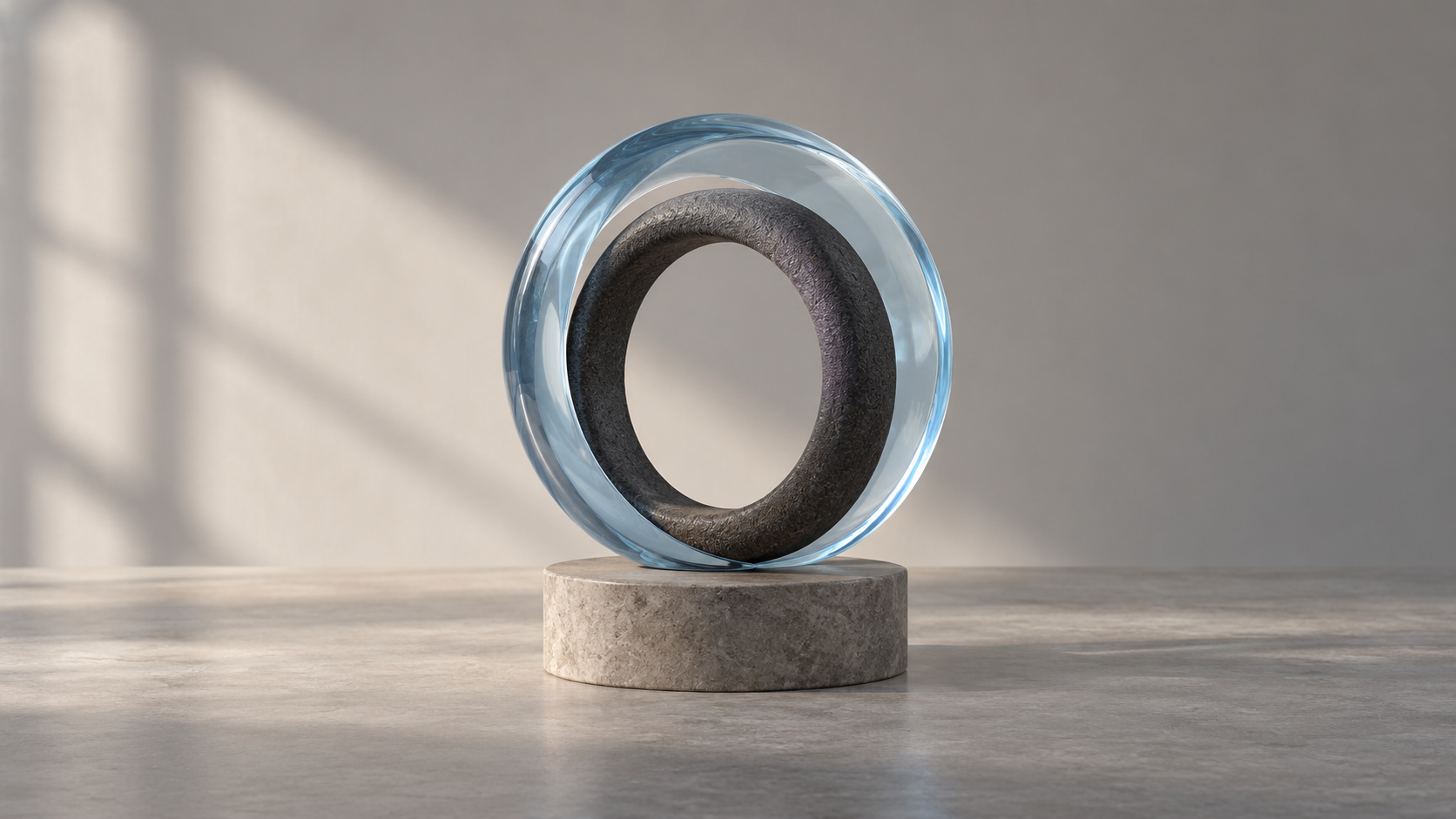 Aros de cerámica oscura y cristal azul claro sobre una base de piedra, como capas distintas de una inversión.