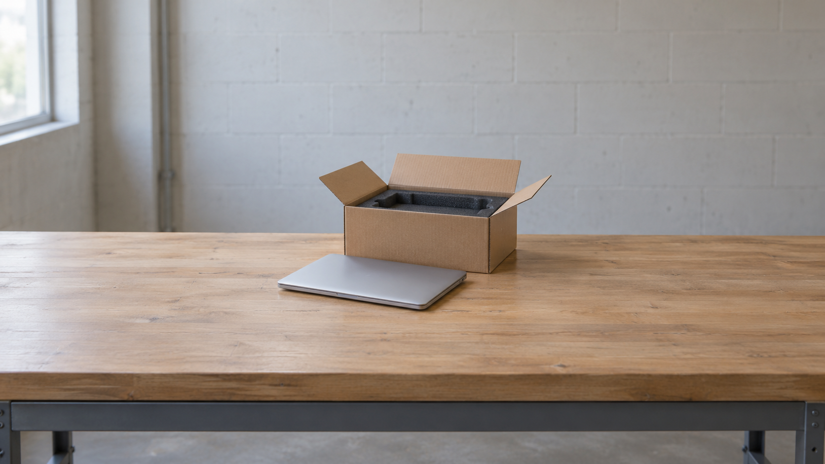 Closed unbranded silver laptop beside an open cardboard shipping box and fitted foam on a packing bench.