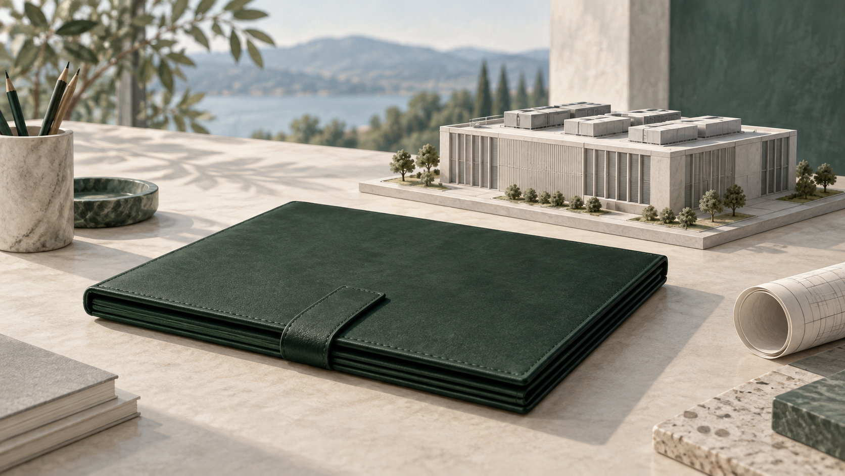 Carpeta verde cerrada junto a una maqueta de centro de datos sobre una mesa.