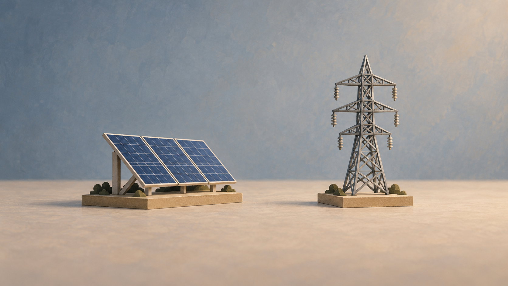 Maqueta editorial de un panel solar genérico separado de una torre de transmisión en miniatura sobre una mesa neutra.