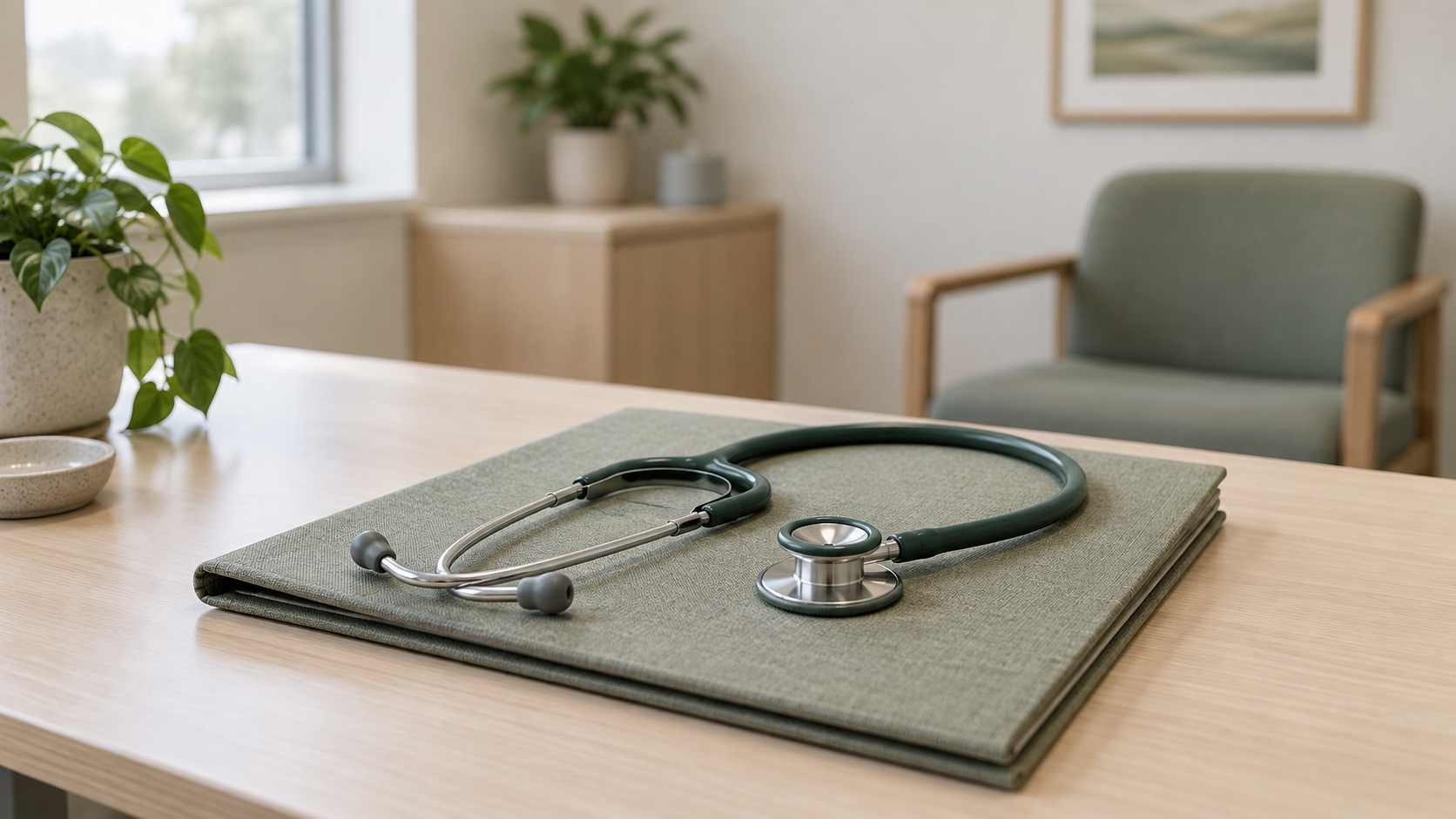 An unmarked stethoscope rests on a closed fabric folder in an empty consultation room.