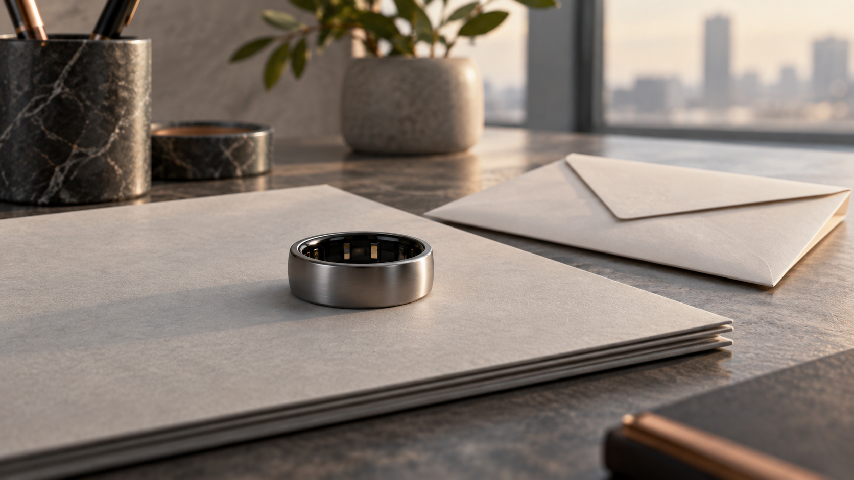 Conceptual editorial still life of an unbranded metal smart ring on a blank folder beside a sealed envelope.