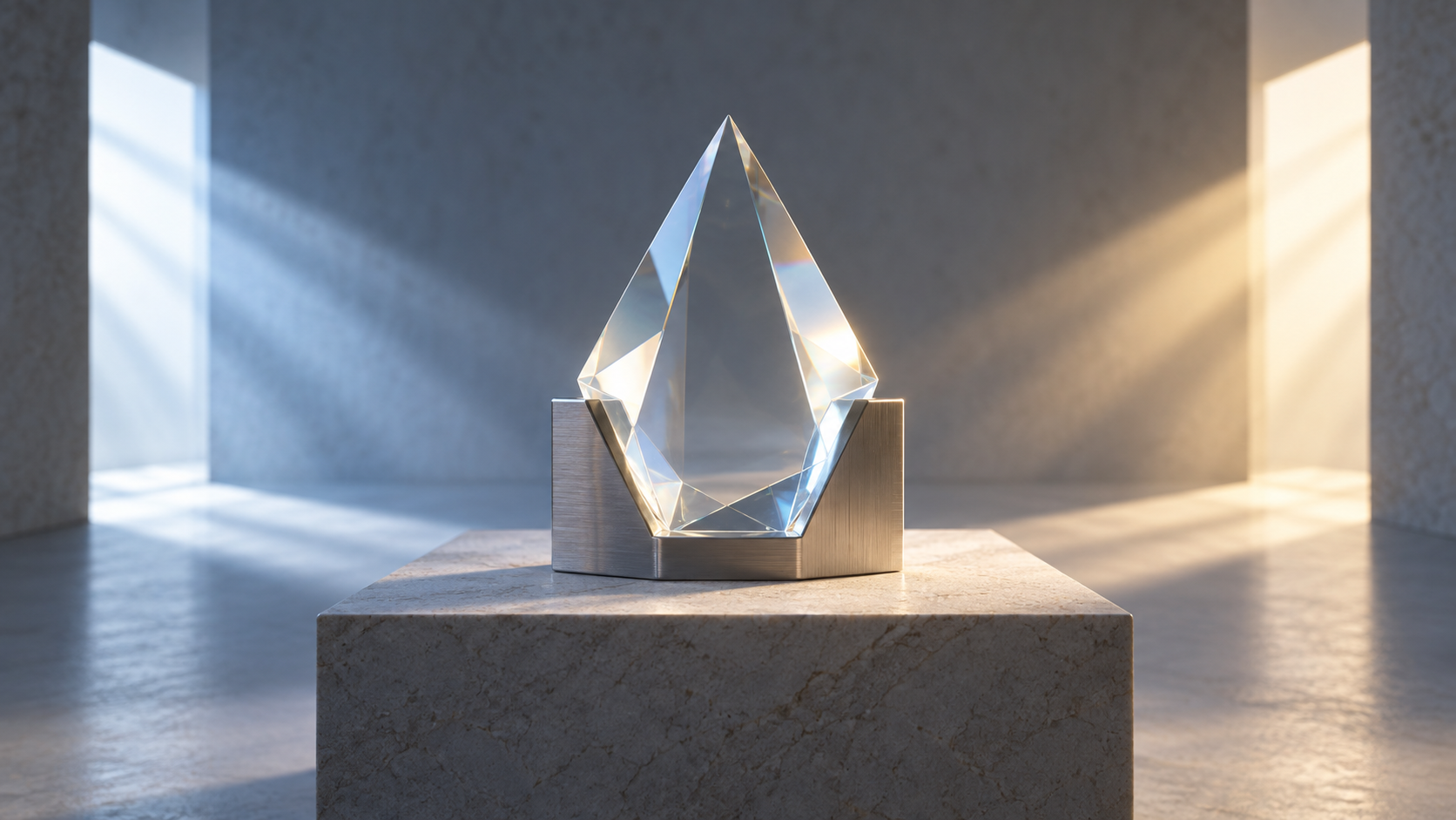 A glass form in a metal cradle receives cool and warm light from opposite sides.