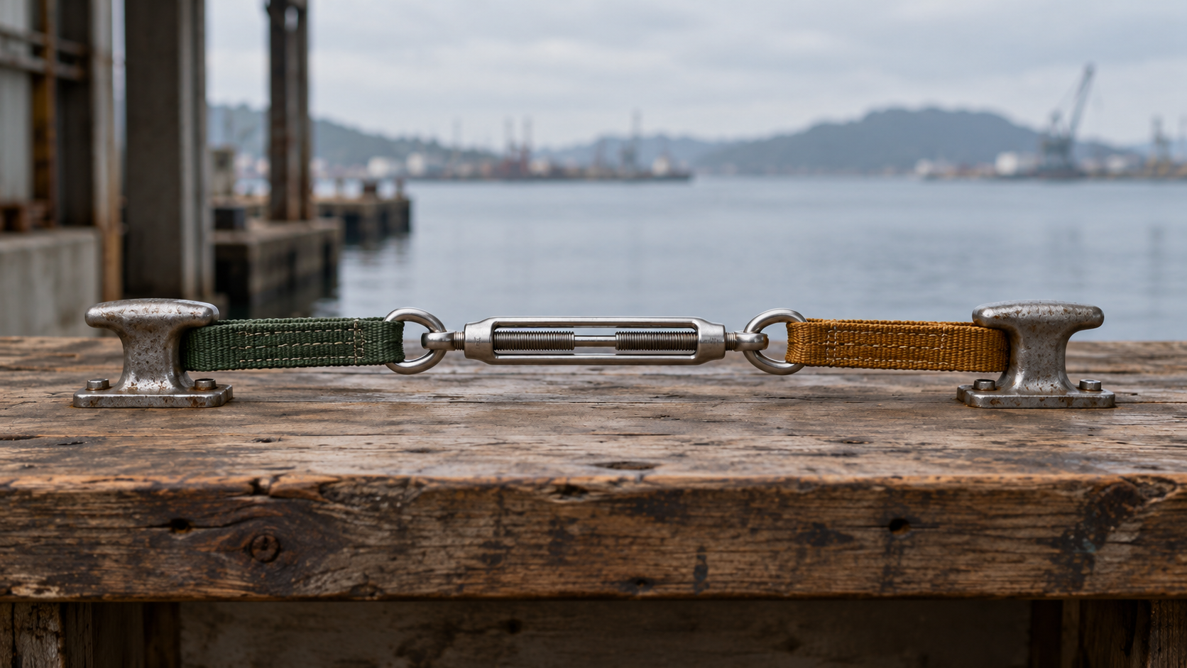 An intact steel turnbuckle joins green and ochre straps between two cleats on a harbor workbench.