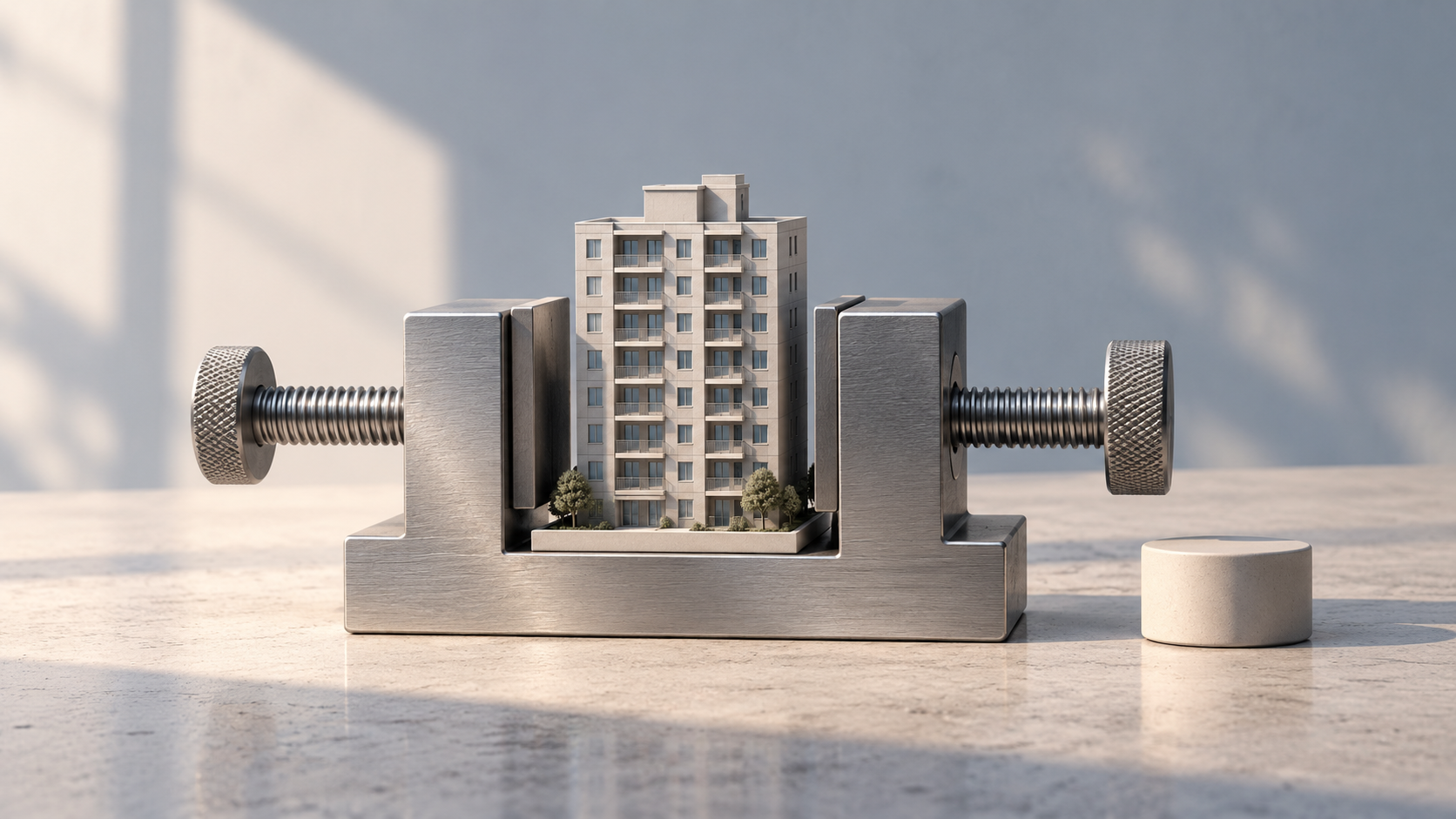 Conceptual miniature apartment building inside a stationary metal clamp on an architectural table.