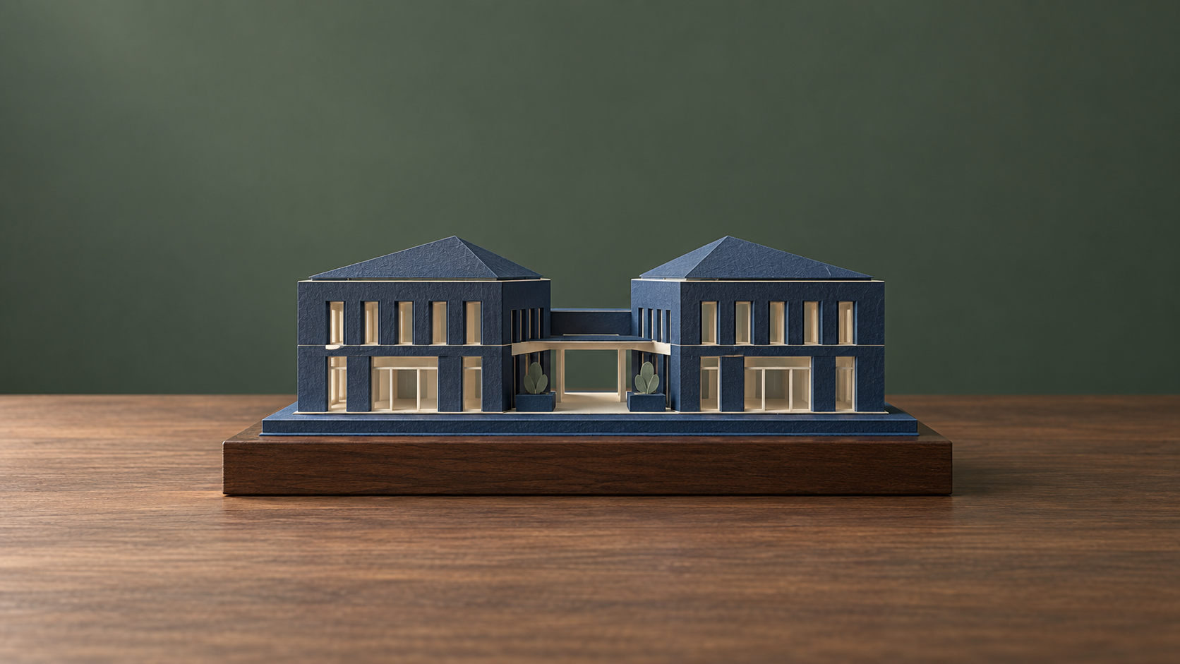 Maqueta conceptual de papel azul de dos edificios financieros unidos por un pasaje y una base compartida sobre un soporte de madera.