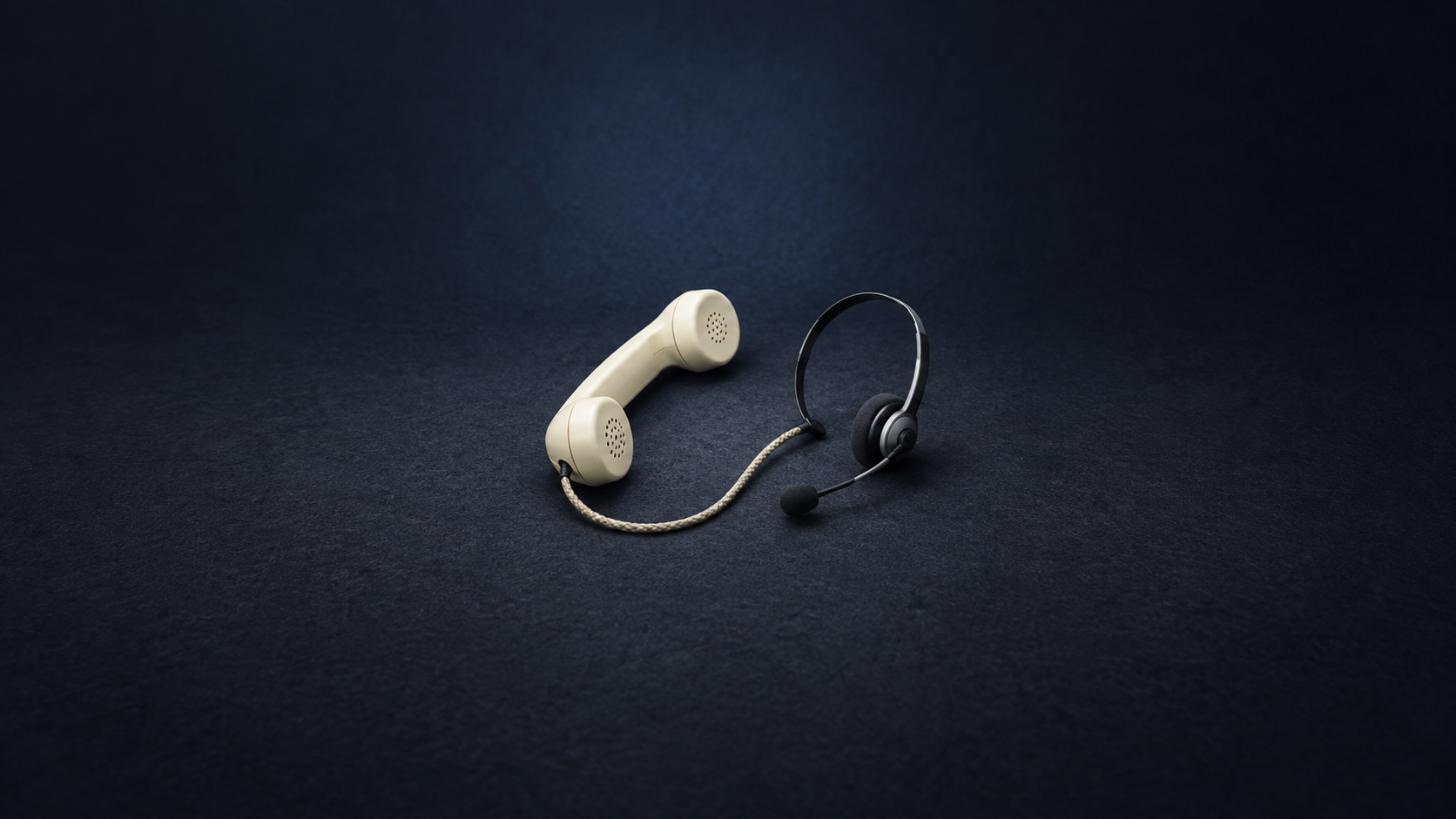 Auricular telefónico marfil unido por un cable corto a un casco de atención al cliente oscuro sobre una mesa añil.