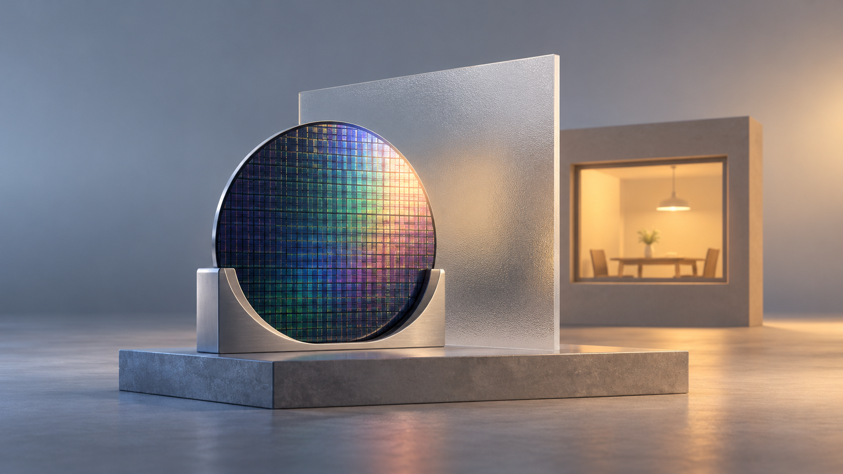 Una oblea de silicio sobre un soporte metálico ante vidrio esmerilado, junto a una ventana de comedor en miniatura iluminada.
