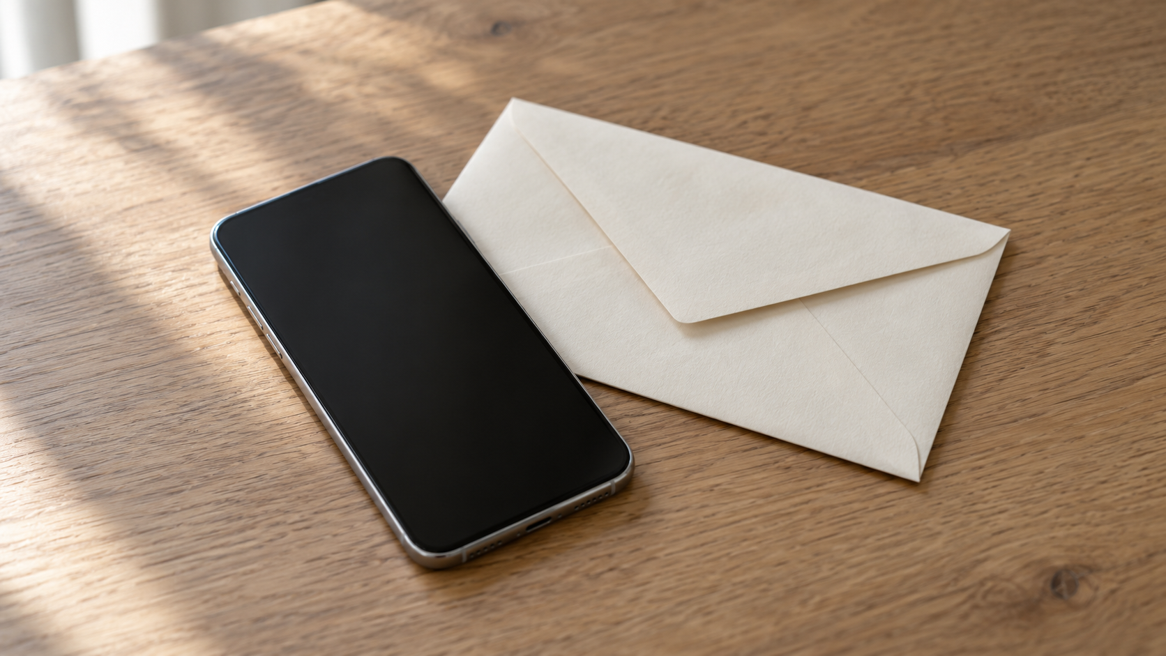 Bodegón conceptual de un teléfono sin marca y con pantalla vacía junto a un sobre liso sobre una mesa doméstica.