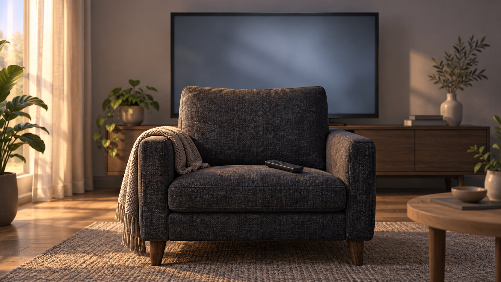 Ilustración conceptual de un sillón vacío con un mando frente a un televisor sin contenido.