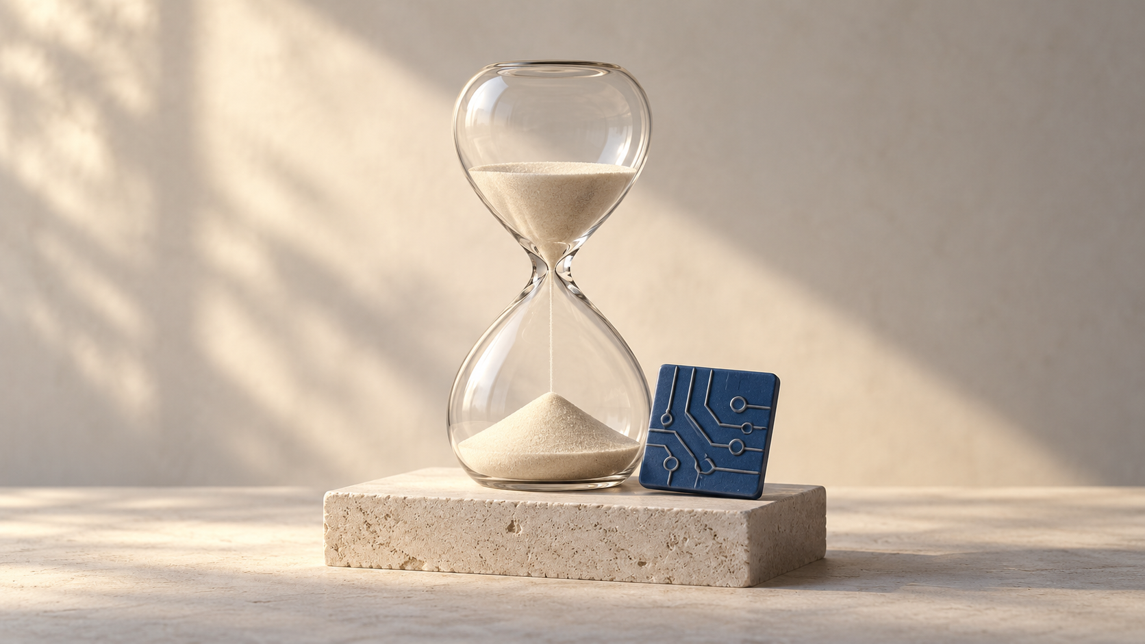 Un reloj de arena de vidrio sin marcas y una pieza cerámica azul con un motivo de circuito sobre piedra caliza.