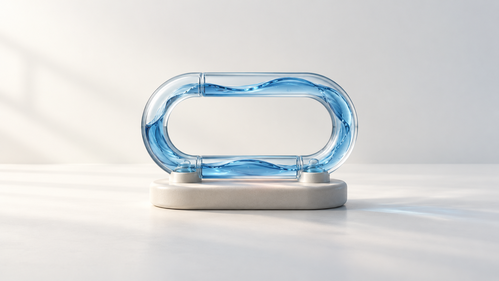 Un circuito conceptual de vidrio con líquido azul sobre una base cerámica ilustra la reutilización de saldos.