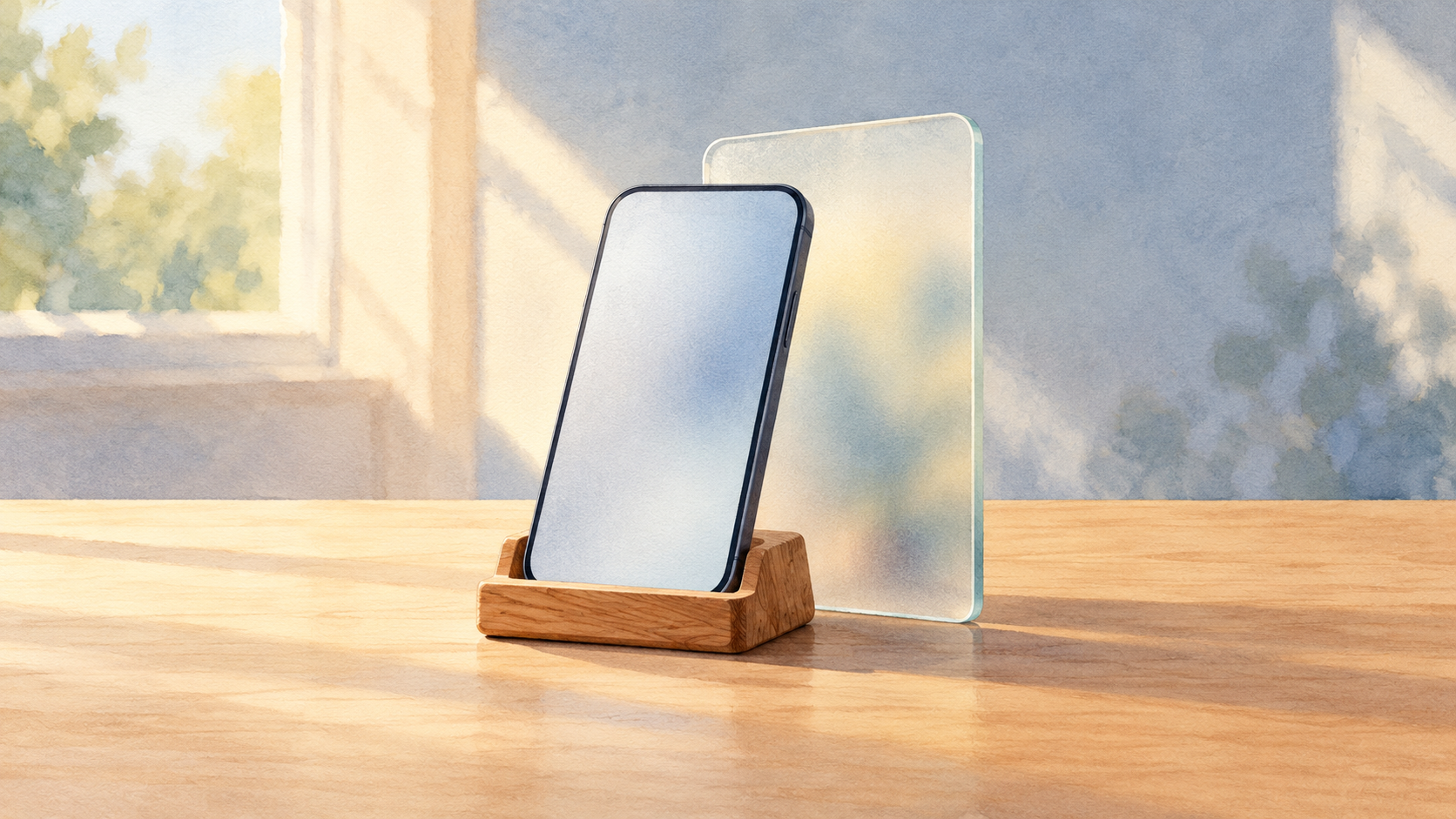Ilustración de estilo acuarela de un móvil con pantalla en blanco en un soporte de madera junto a un panel de vidrio esmerilado.