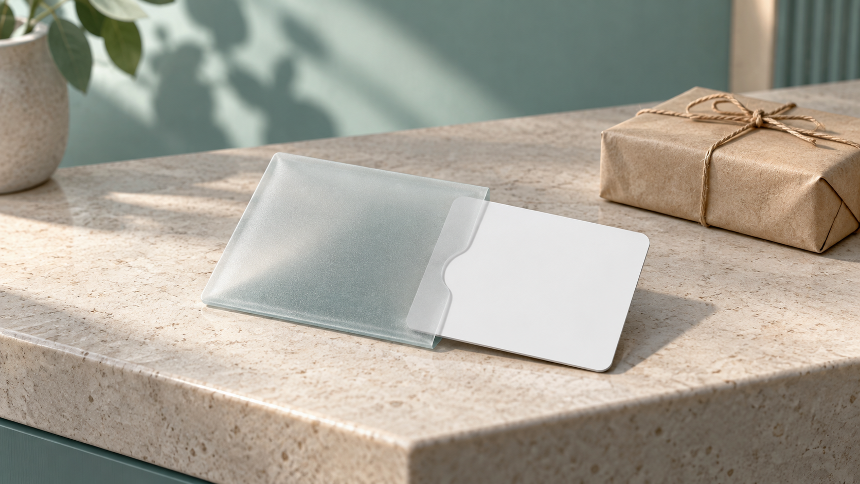 Tarjeta de pago conceptual sin marcas, parcialmente dentro de una funda translúcida sobre un mostrador de piedra, junto a un paquete sin marca.