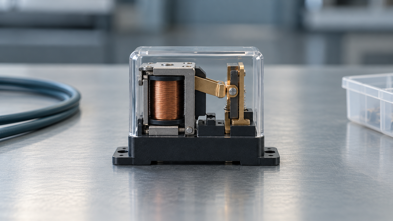 Conceptual still life of a generic mechanical relay with aligned contacts on an equipment service bench.